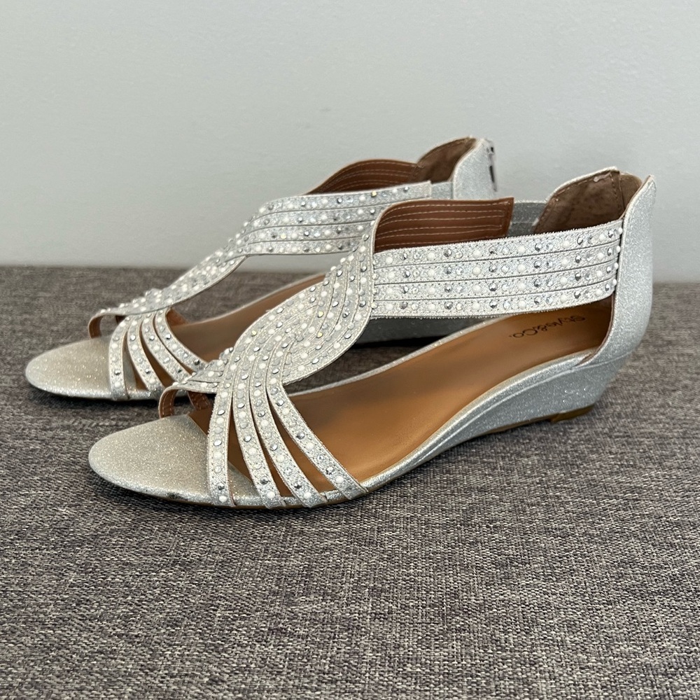 Style & Co Silver Embellished Strappy Wedge Sandals 8 Ginifur Sparkly Dressy